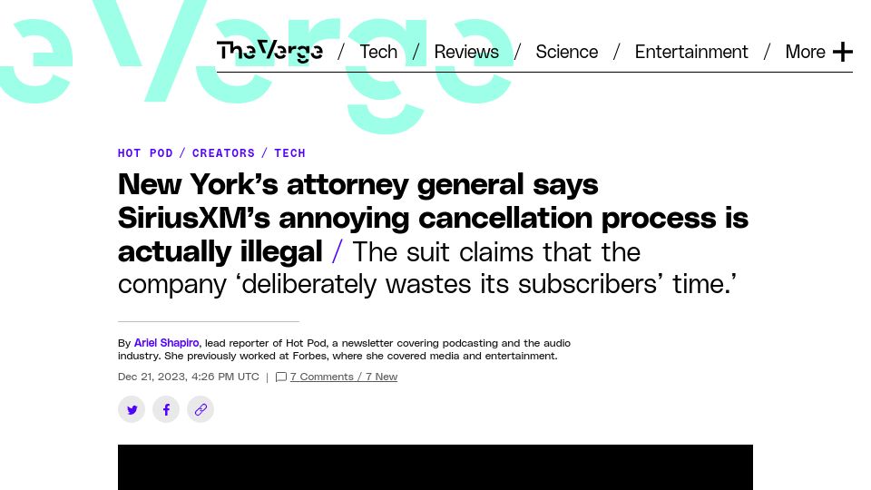 Screenshot of theverge.com: New York’s attorney general says SiriusXM’s cancellation process is illegal