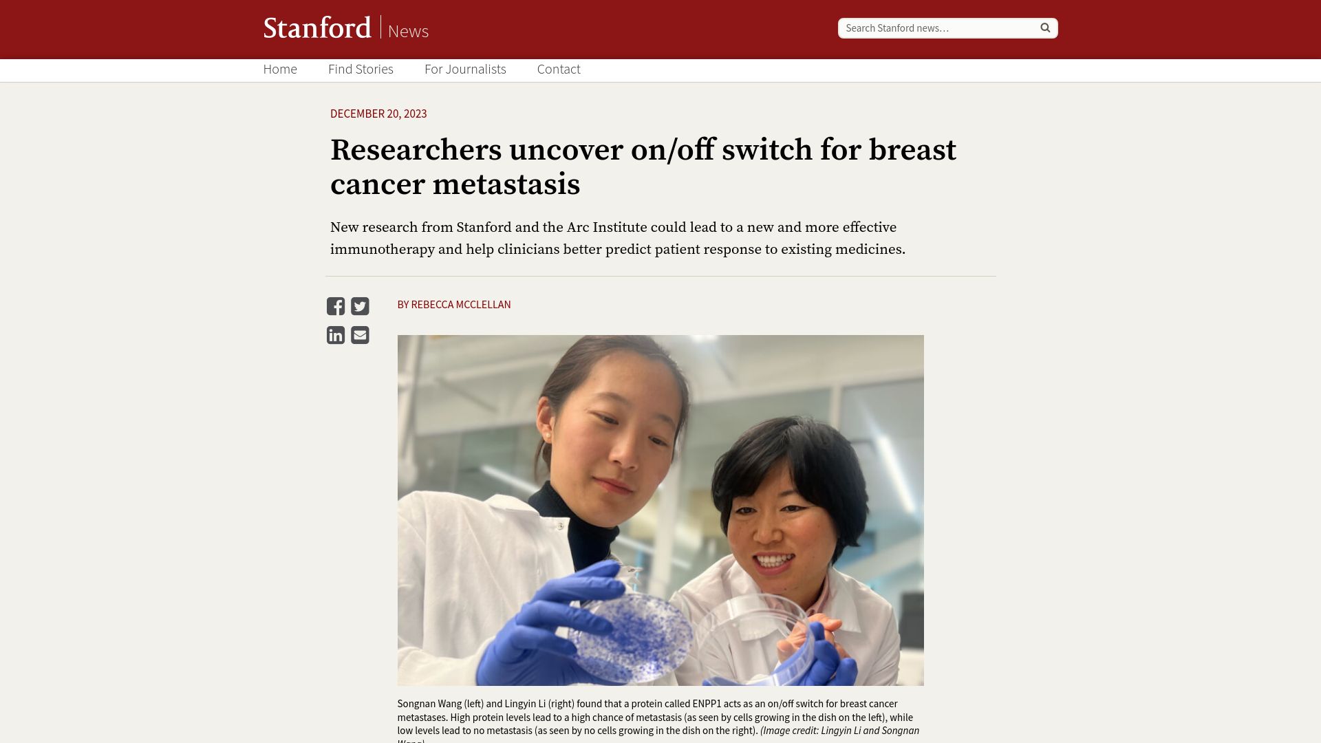 Screenshot of news.stanford.edu: Researchers uncover on/off switch for breast cancer metastasis in mice