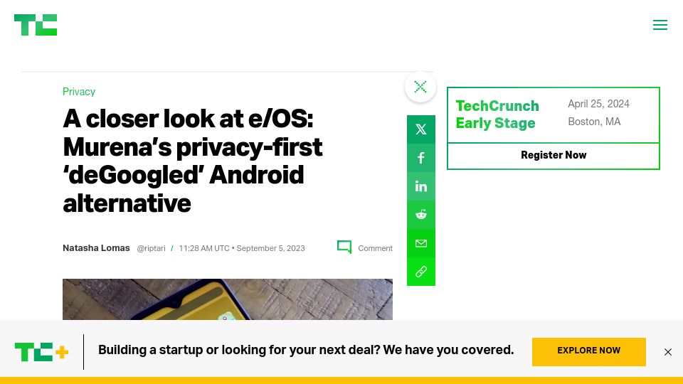 Screenshot of techcrunch.com: A closer look at e/OS: Murena's privacy-first 'deGoogled' Android alternative