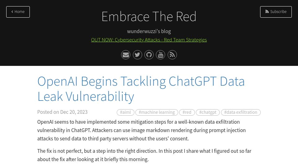 Screenshot of embracethered.com: OpenAI Begins Tackling ChatGPT Data Leak Vulnerability