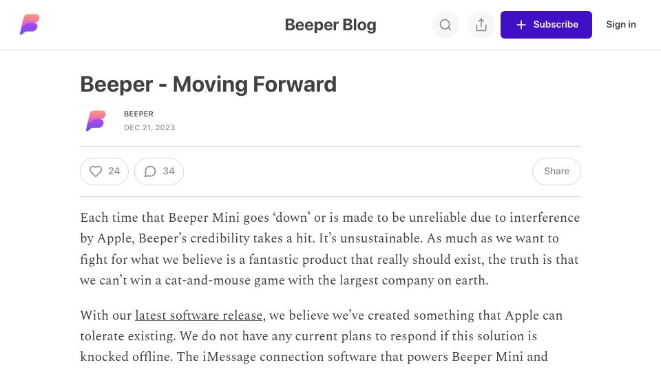 Screenshot of blog.beeper.com: Beeper – Moving Forward