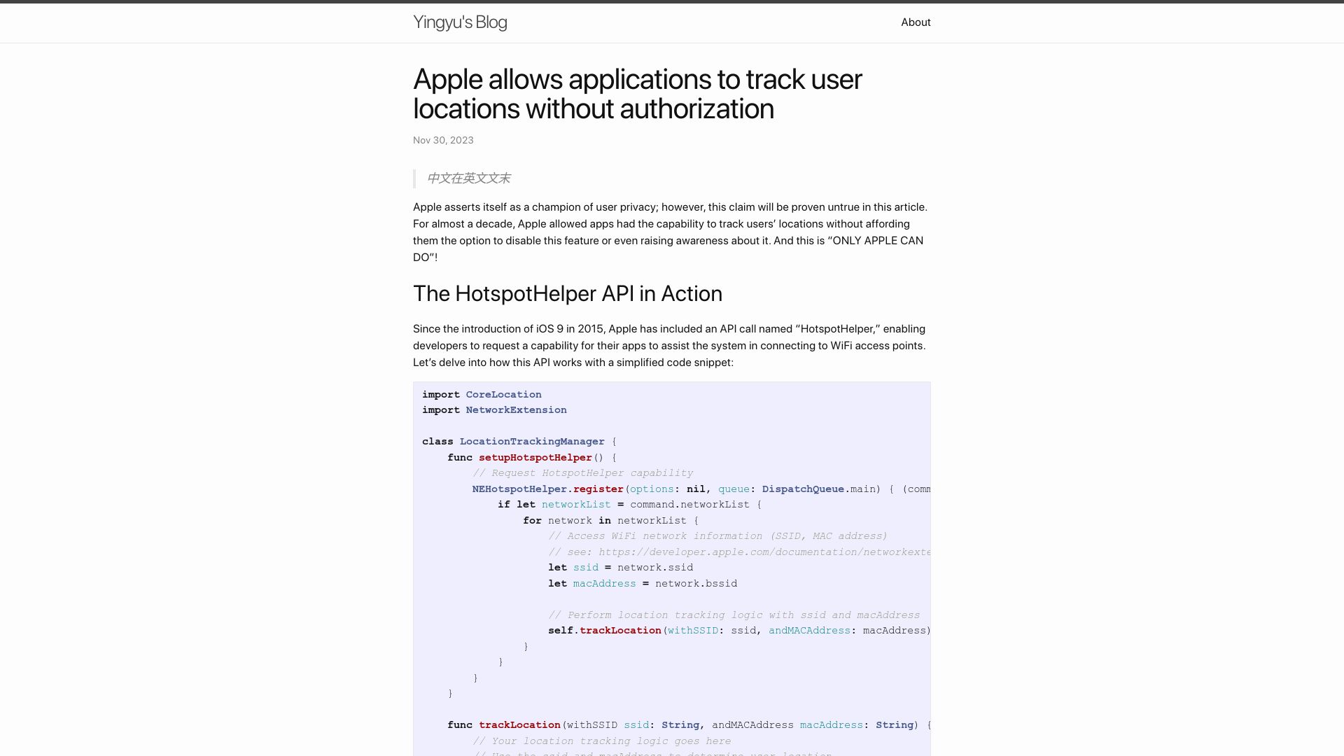 Screenshot of wingu.se: Apple allows some iOS apps to track user locations via lists of nearby SSIDs