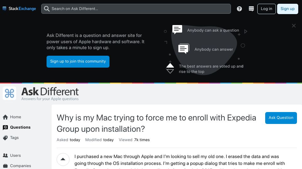 Screenshot of apple.stackexchange.com: Why is my Mac trying to force me to enroll with Expedia Group upon installation?