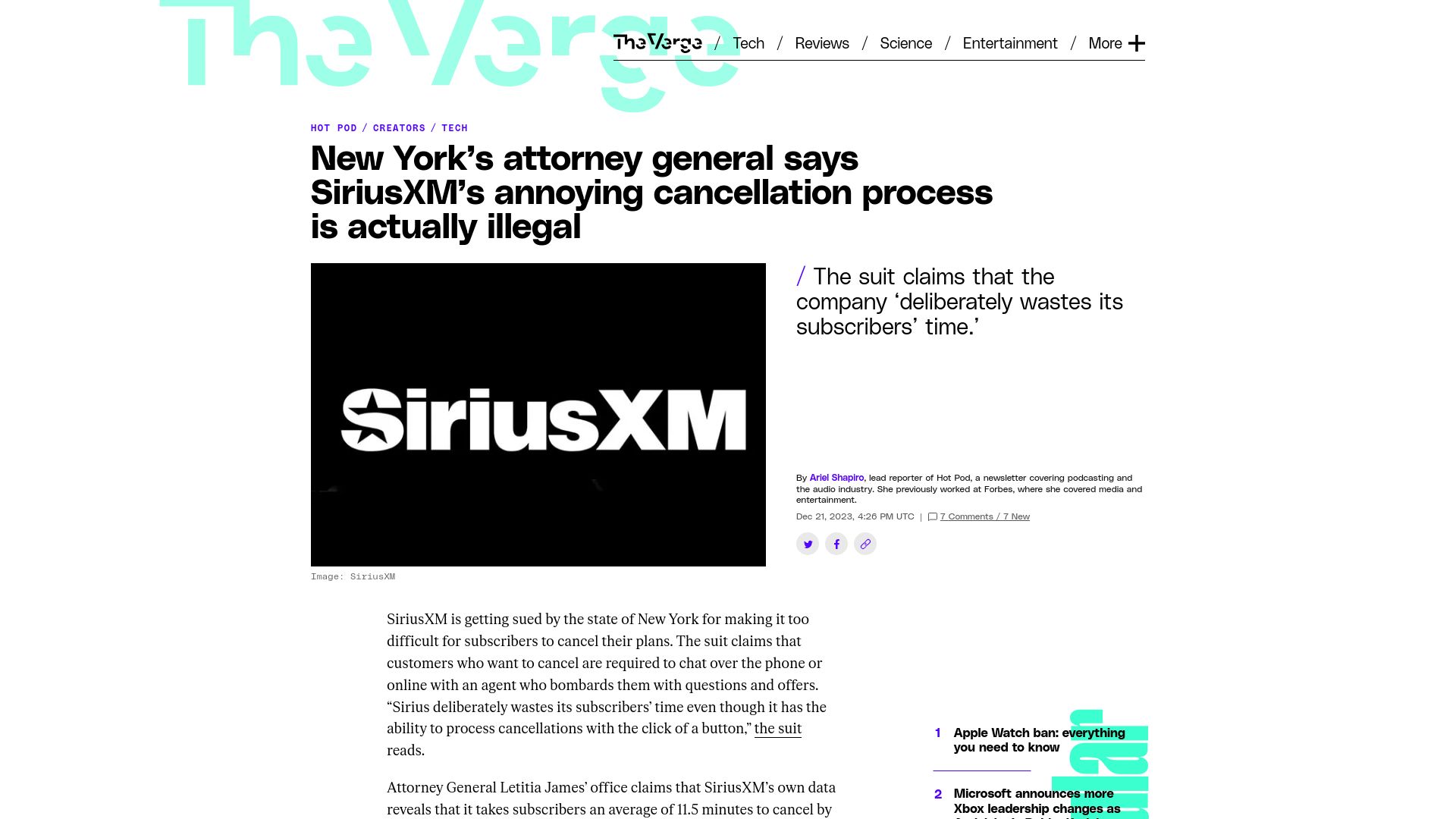 Screenshot of theverge.com: New York’s attorney general says SiriusXM’s cancellation process is illegal