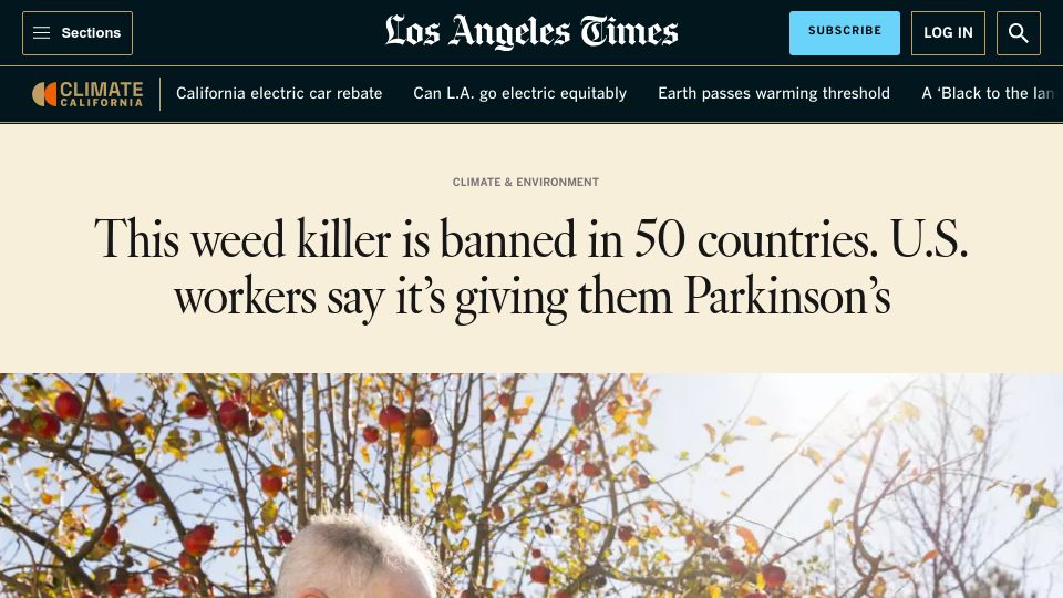 Screenshot of latimes.com: U.S. workers say banned weed killer in 50 countries is giving them Parkinson's