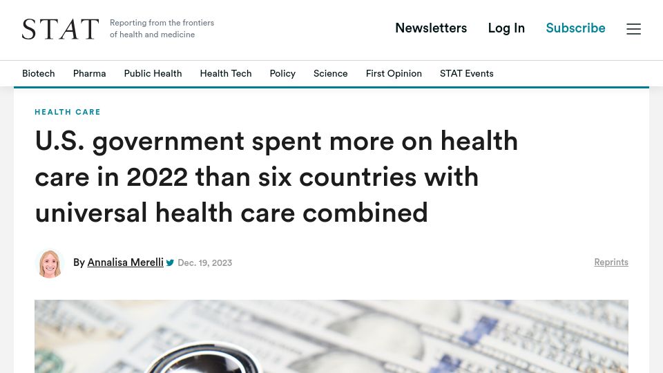 Screenshot of statnews.com: US spent more on health care in 2022 than 6 countries combined with universal