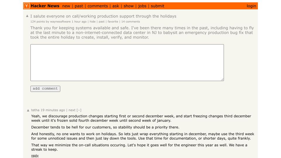 Screenshot of Hacker News post: Tell HN: I salute everyone on call/working support through the holidays