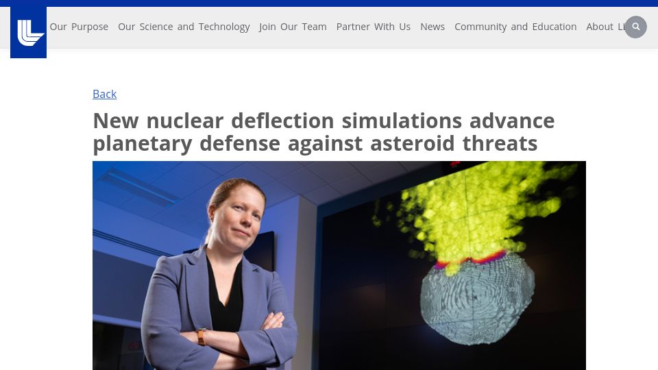 Screenshot of llnl.gov: New nuclear deflection simulations advance planetary defense against asteroids