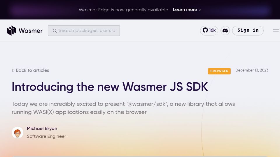 Screenshot of wasmer.io: Wasmer JavaScript SDK