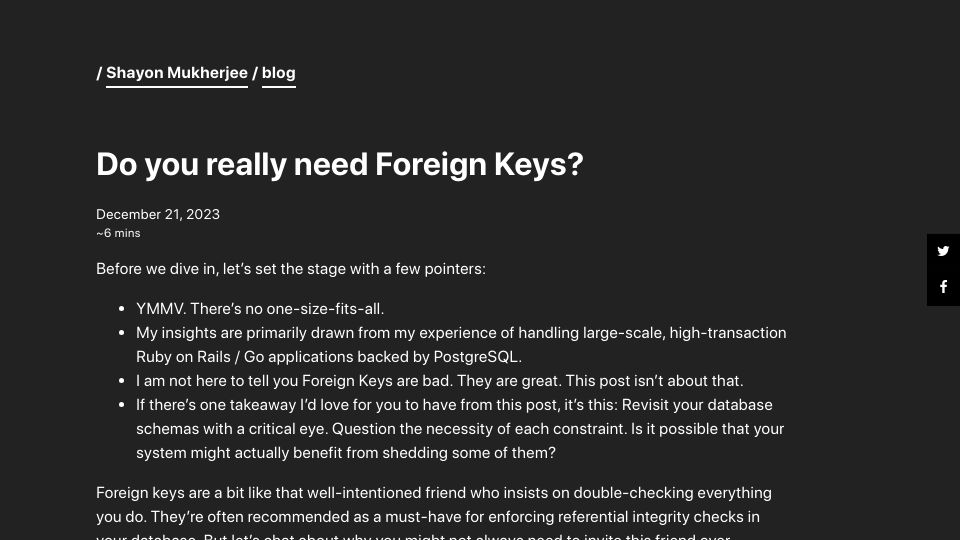 Screenshot of shayon.dev: Do you really need foreign keys?