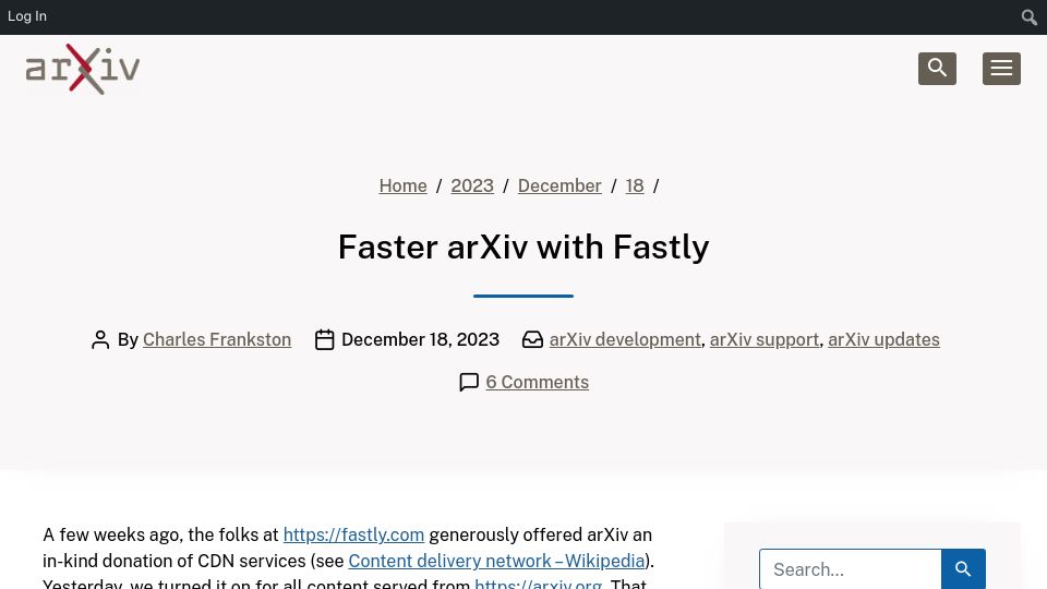 Screenshot of blog.arxiv.org: Faster arXiv with Fastly