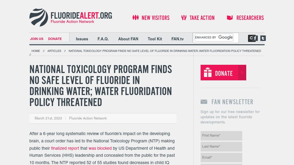 Screenshot of fluoridealert.org: New data support consistent inverse association of fluoride exposure, child IQ