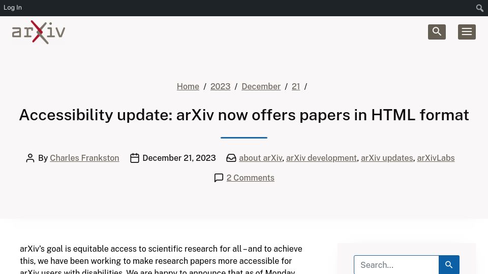 Screenshot of blog.arxiv.org: ArXiv now offers papers in HTML format