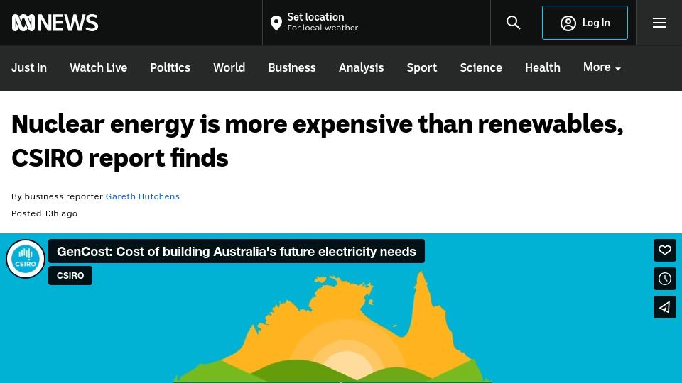 Screenshot of abc.net.au: Nuclear energy is more expensive than renewables, report finds