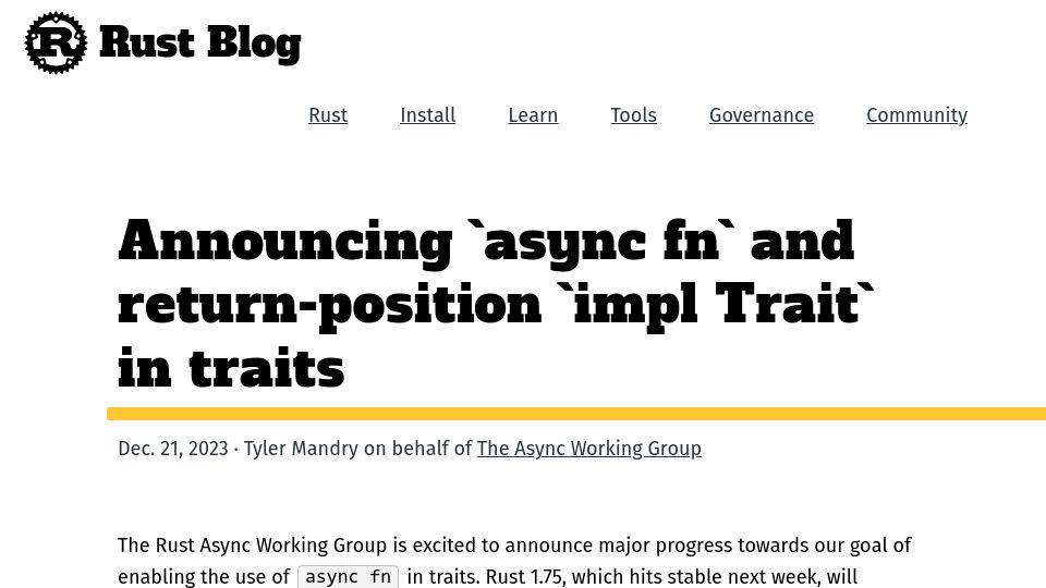 Screenshot of blog.rust-lang.org: Rust to stabilize `async fn` and return-position `impl Trait` in traits