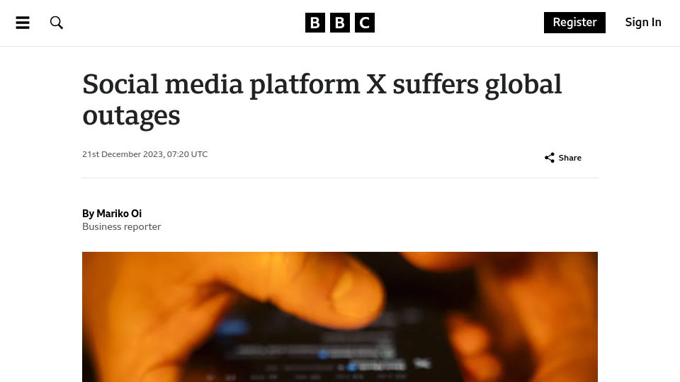 Screenshot of bbc.com: Social media platform X suffers global outages