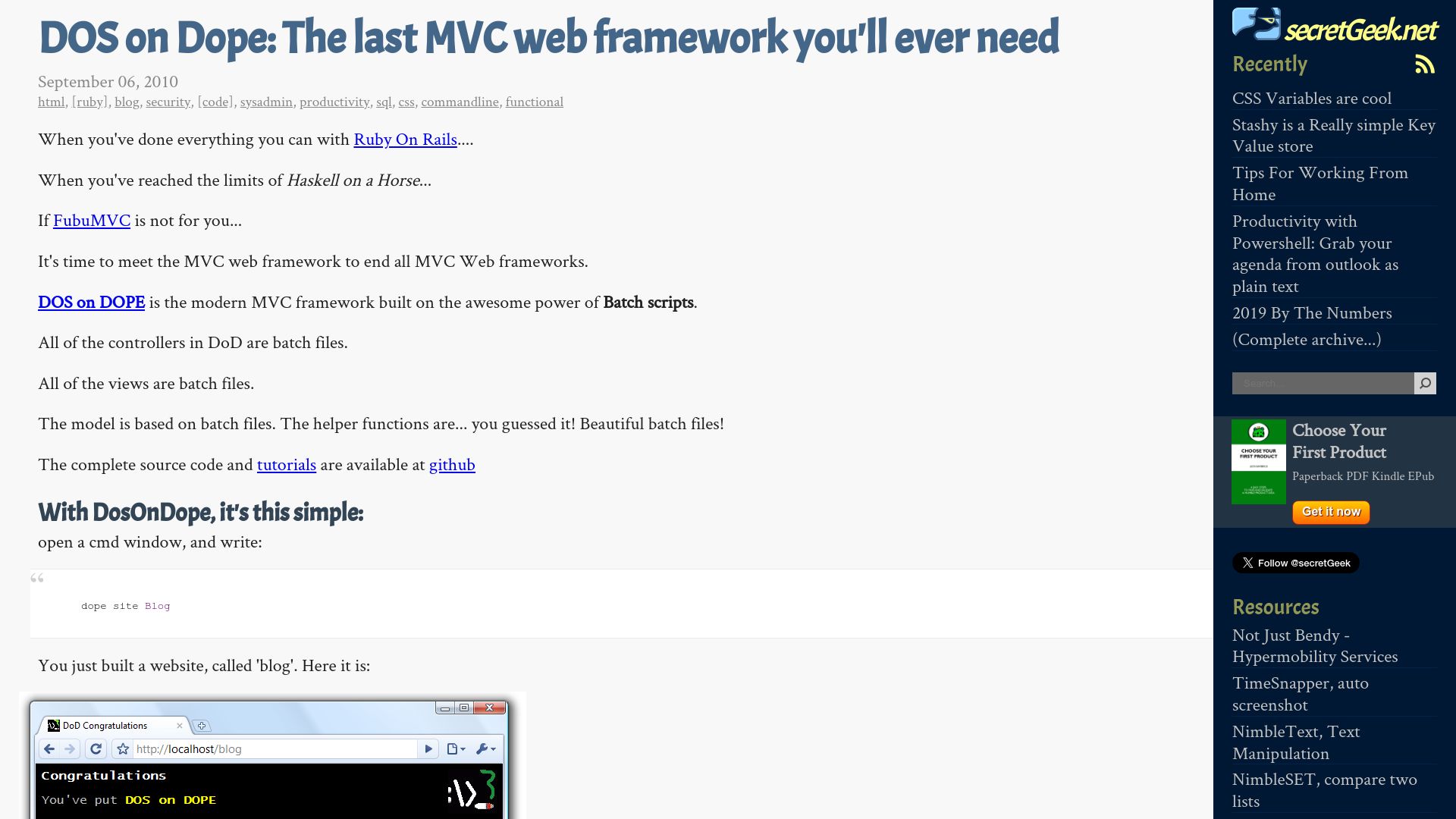 Screenshot of secretgeek.net: DOS on Dope: The last MVC web framework you'll ever need (2010)