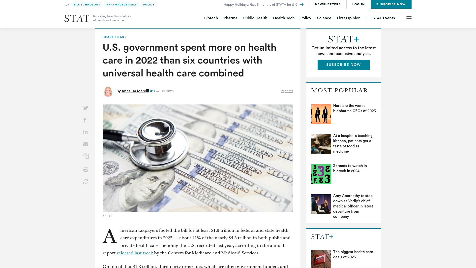 Screenshot of statnews.com: US spent more on health care in 2022 than 6 countries combined with universal