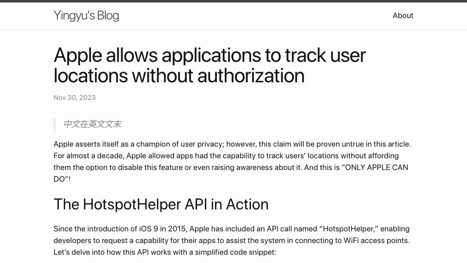 Screenshot of wingu.se: Apple allows some iOS apps to track user locations via lists of nearby SSIDs
