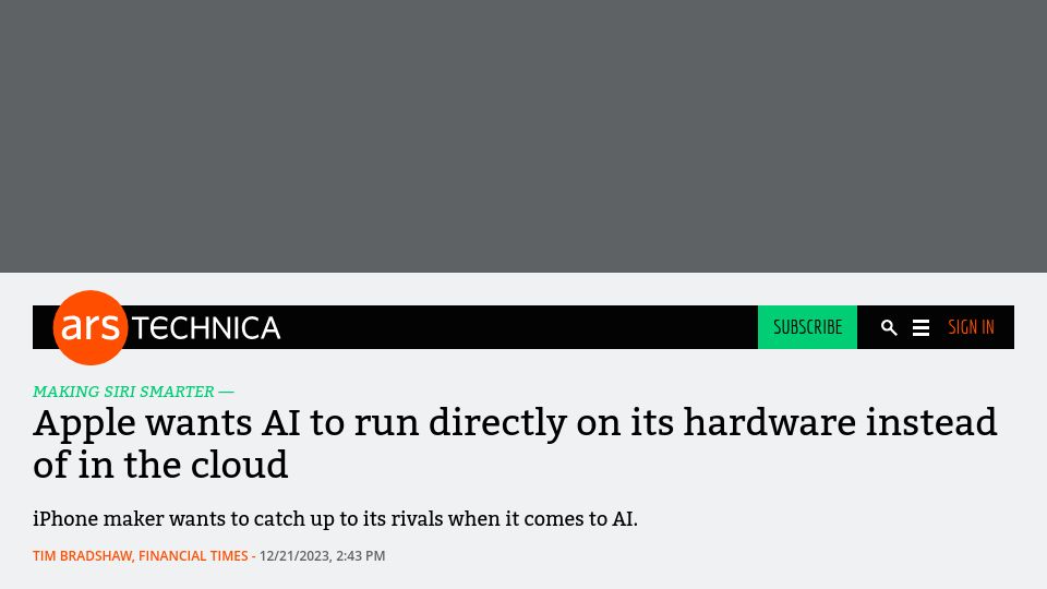 Screenshot of arstechnica.com: Apple wants AI to run directly on its hardware instead of in the cloud