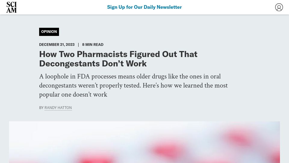 Screenshot of scientificamerican.com: Two pharmacists figured out that oral phenylephrine doesn't work