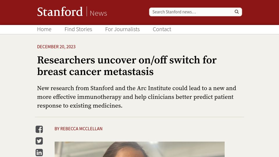 Screenshot of news.stanford.edu: Researchers uncover on/off switch for breast cancer metastasis in mice