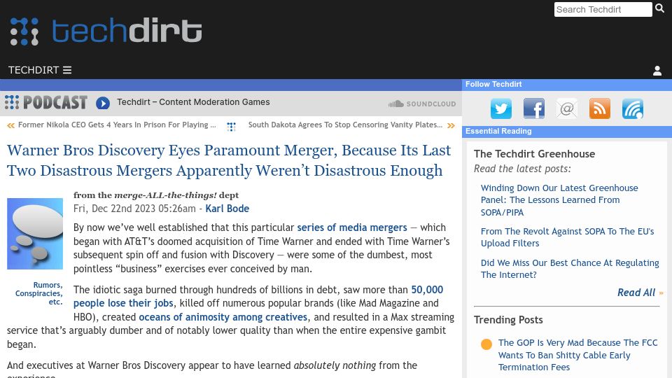 Screenshot of techdirt.com: Warner Eyes Paramount; Its Last Two Disastrous Mergers Weren't Disastrous Enough