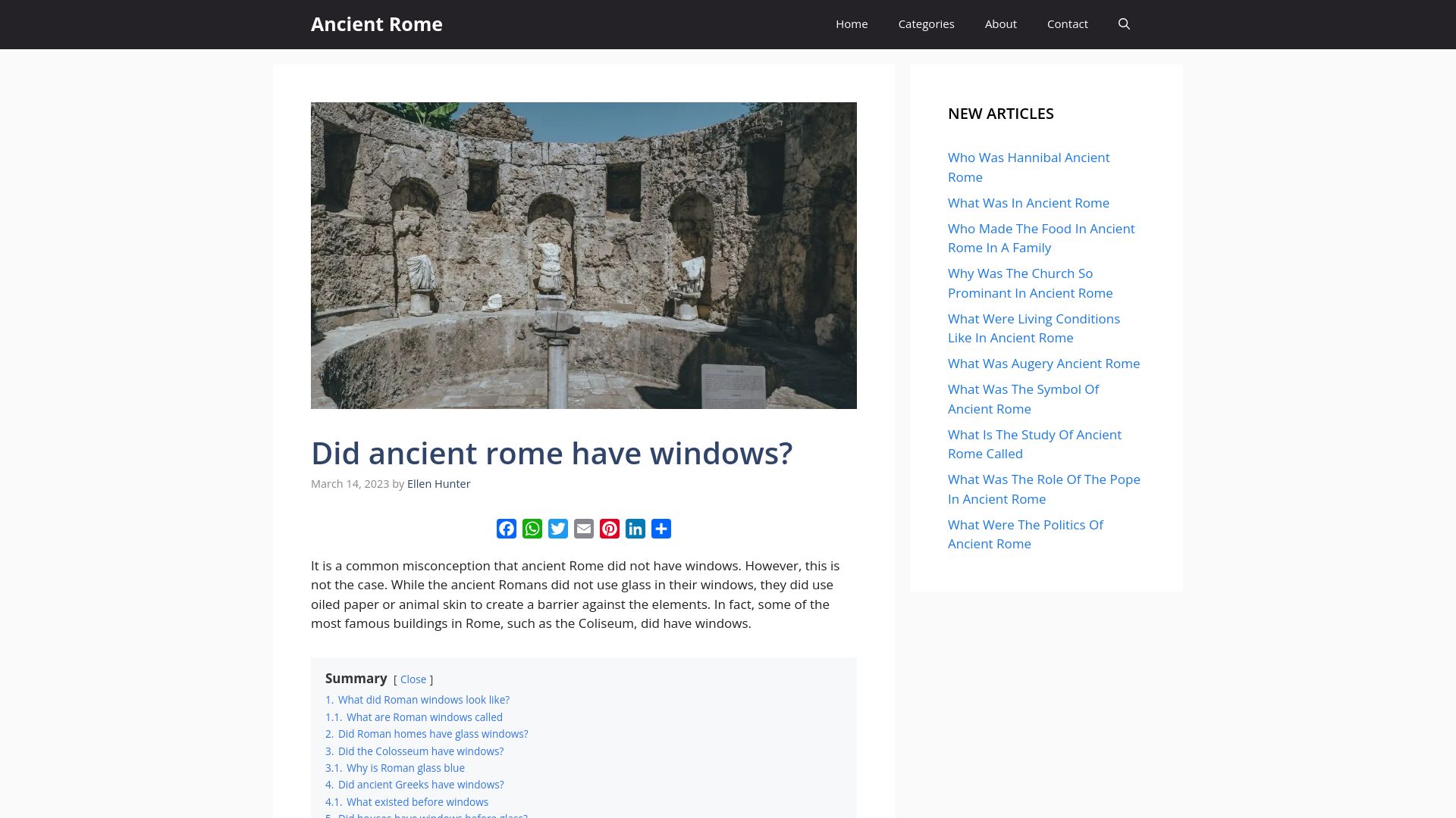 Screenshot of learnancientrome.com: Did Ancient Rome Have Windows?