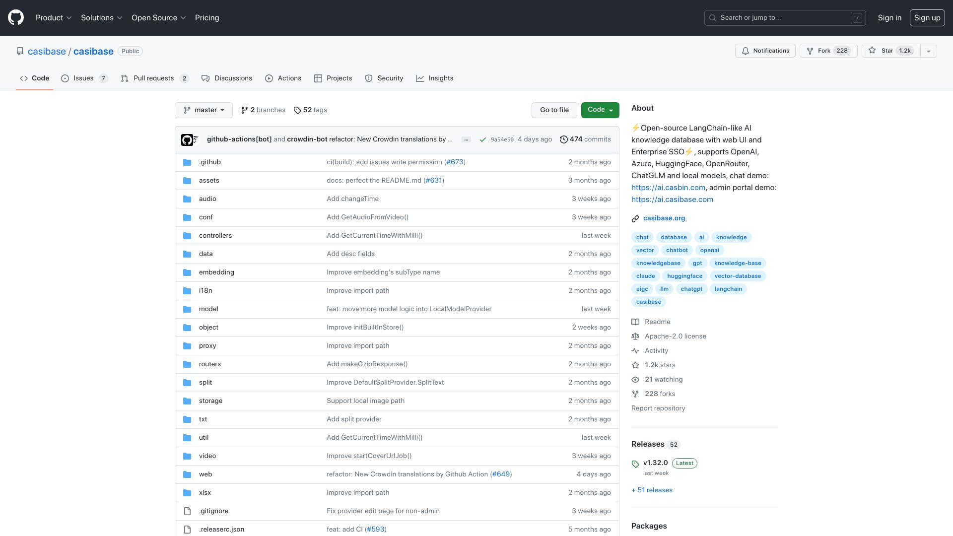 Screenshot of github.com: Open-source AI knowledge database with web UI and Enterprise SSO