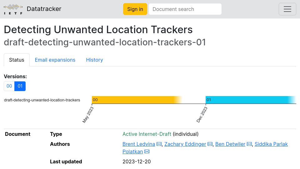 Screenshot of datatracker.ietf.org: Detecting Unwanted Location Trackers