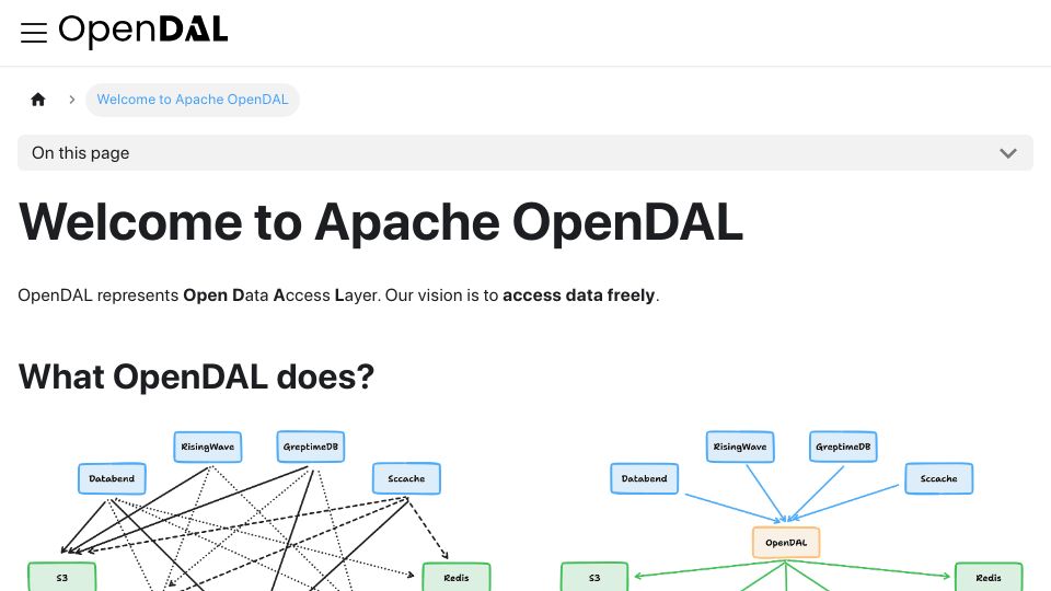 Screenshot of opendal.apache.org: Welcome to Apache OpenDAL
