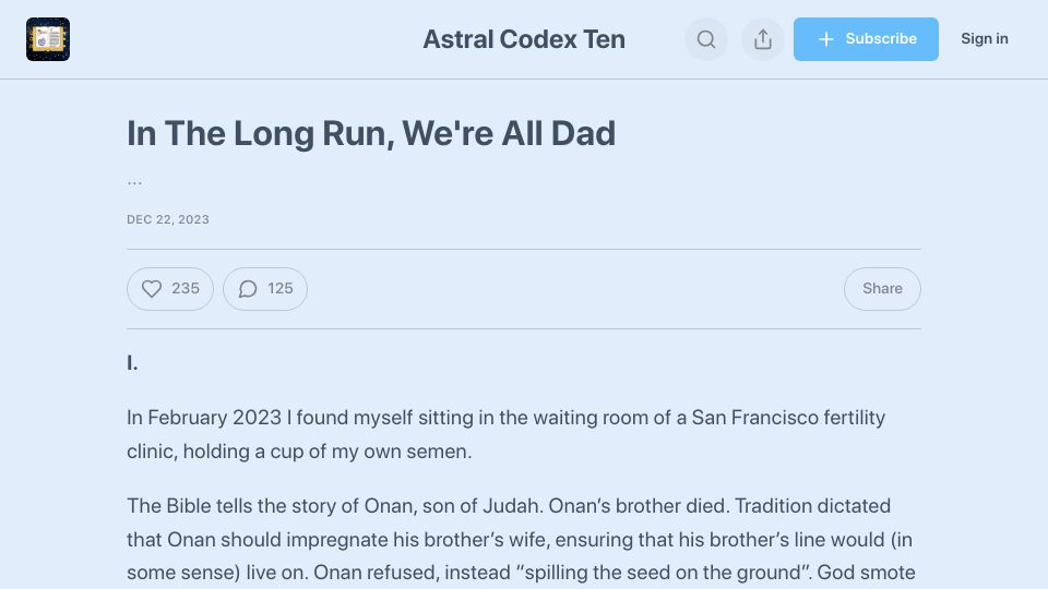 Screenshot of astralcodexten.com: In the long run, we're all Dad
