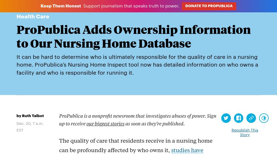 Screenshot of propublica.org: Find out who owns a nursing home with our Nursing Home Inspect tool