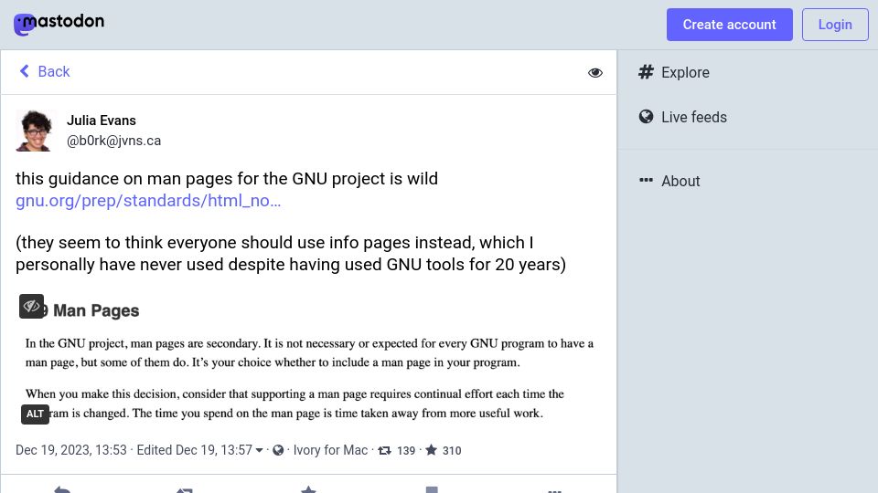 Screenshot of social.jvns.ca: Guidance on man pages for the GNU project is wild