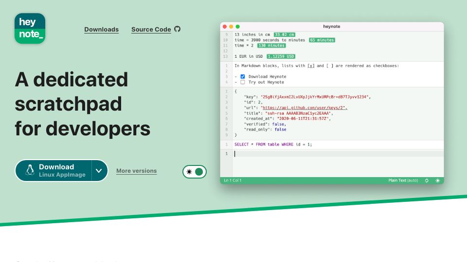 Screenshot of heynote.com: Show HN: Heynote – A dedicated scratchpad for developers