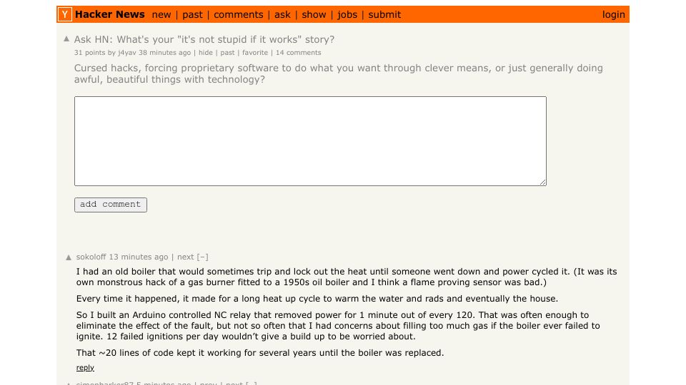 Screenshot of Hacker News post: Ask HN: What's your "it's not stupid if it works" story?