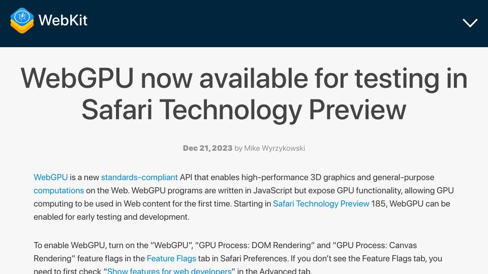 Screenshot of webkit.org: WebGPU now available for testing in Safari Technology Preview