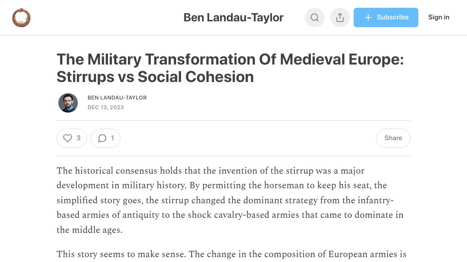 Screenshot of benlandautaylor.com: The military transformation of medieval Europe: Stirrups vs. social cohesion