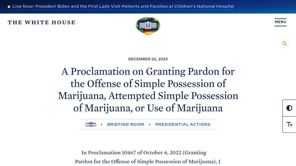 Screenshot of whitehouse.gov: Granting pardon for the offense of simple possession of or use of marijuana