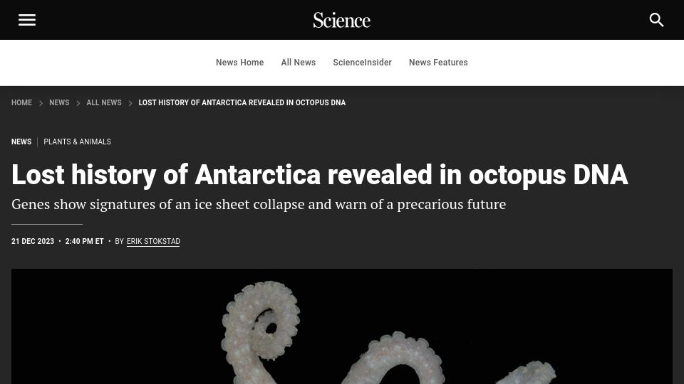 Screenshot of science.org: History of Antarctica revealed in octopus DNA