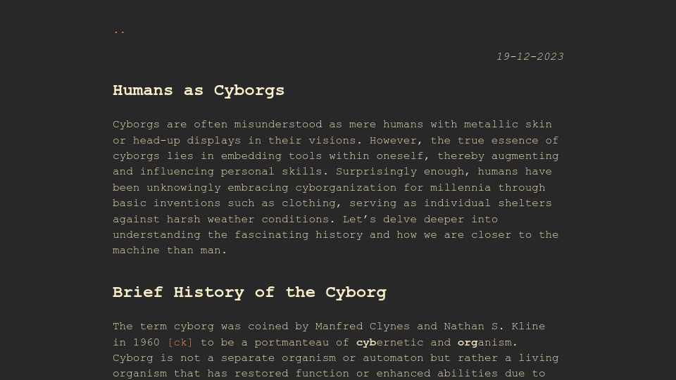 Screenshot of anima.nz: Humans as Cyborgs