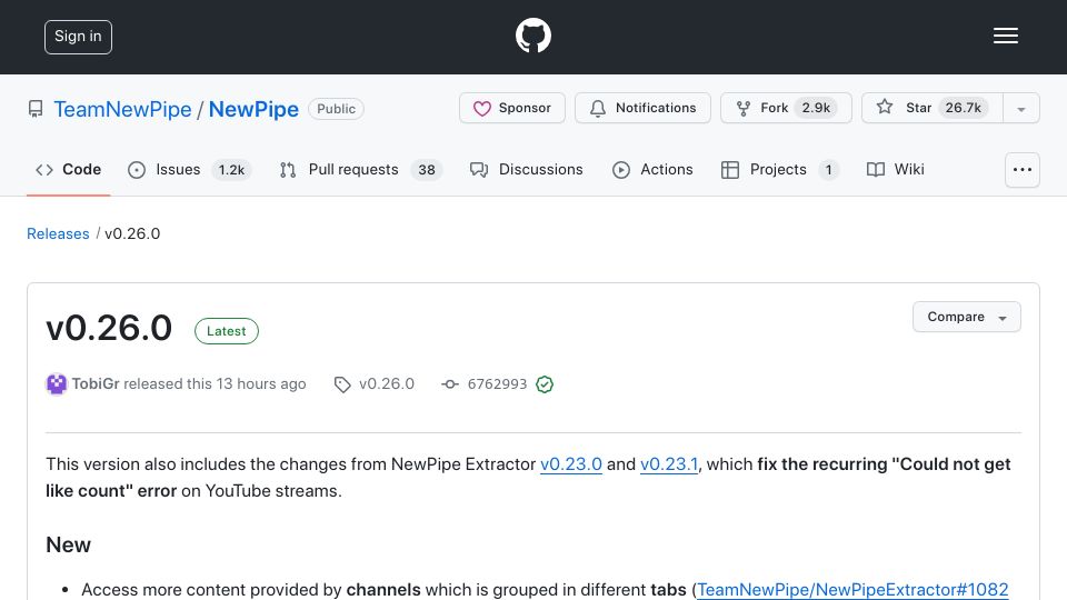 Screenshot of github.com: NewPipe 0.26