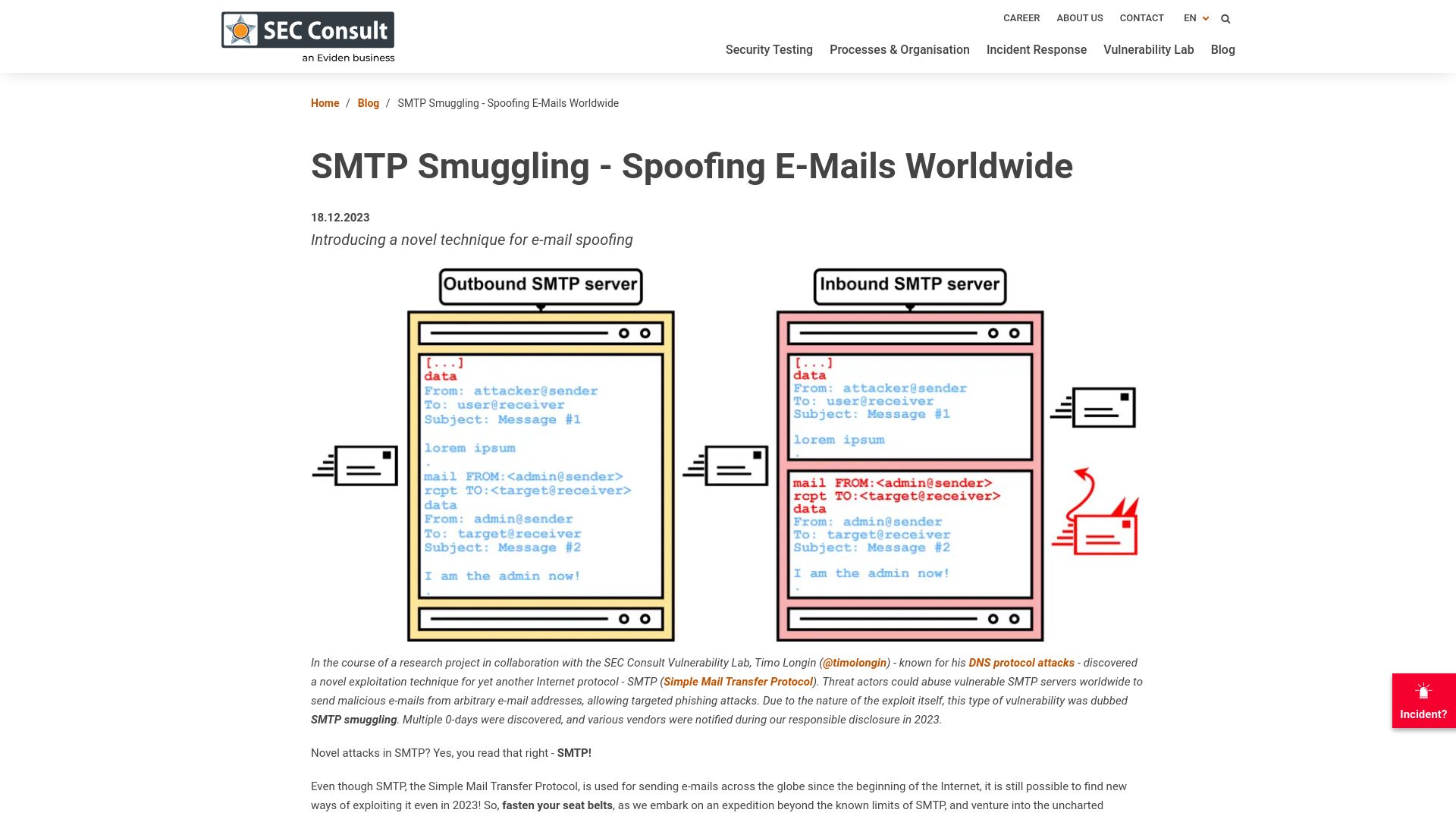 Screenshot of sec-consult.com: SMTP Smuggling – Spoofing Emails Worldwide
