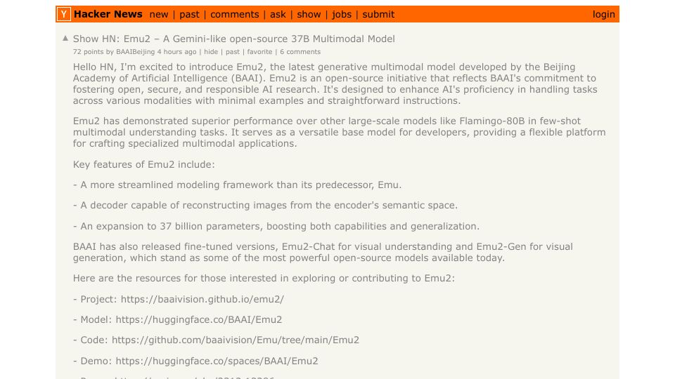Screenshot of Hacker News post: Show HN: Emu2 – A Gemini-like open-source 37B Multimodal Model