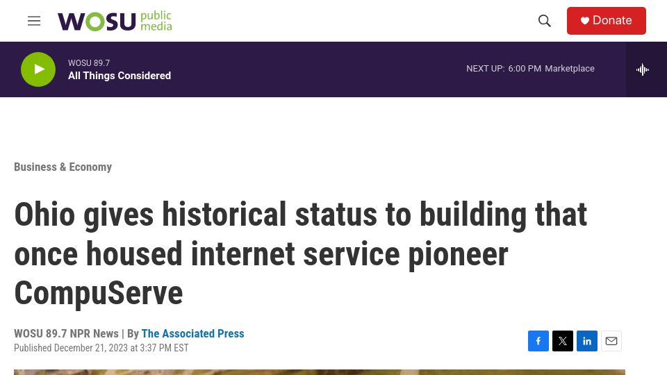 Screenshot of news.wosu.org: Ohio gives historical status to building that once housed CompuServe