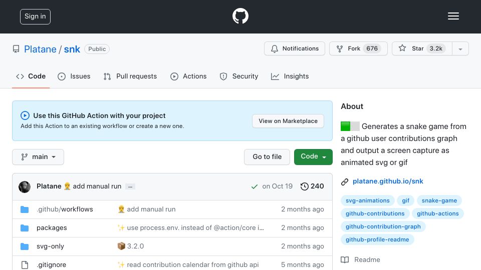 Screenshot of github.com: GitHub Snakes SVG