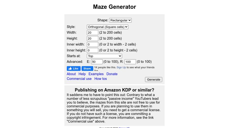 Screenshot of mazegenerator.net: Maze Generator