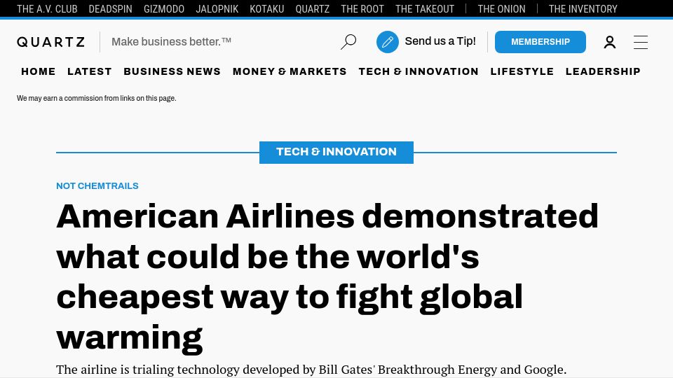 Screenshot of qz.com: American Airlines demonstrated contrail-reducing technology