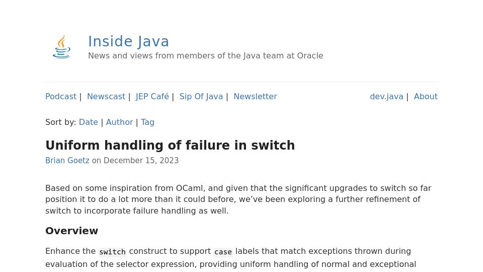 Screenshot of inside.java: Uniform Handling of Failure in Switch