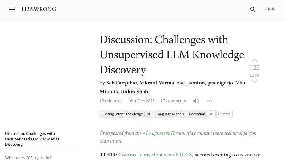 Screenshot of lesswrong.com: Challenges with Unsupervised LLM Knowledge Discovery